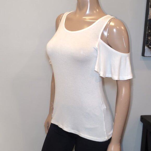 3/$20 Glitz Cold Shoulder Tshirt Blouse Scoop Neck Ruffle Flutter Sleeve Top - Picture 5 of 9